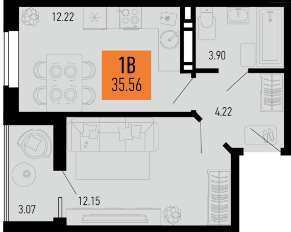 1-комнатная квартира №8 35,56 м2 от застройщика ГК ТОЧНО
