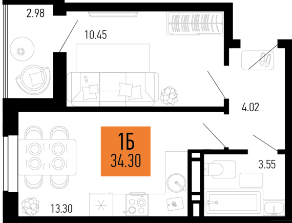 1-комнатная квартира №9 34,3 м2 от застройщика ГК ТОЧНО