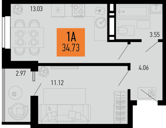 1-комнатная квартира №20 34,73 м2 от застройщика ГК ТОЧНО