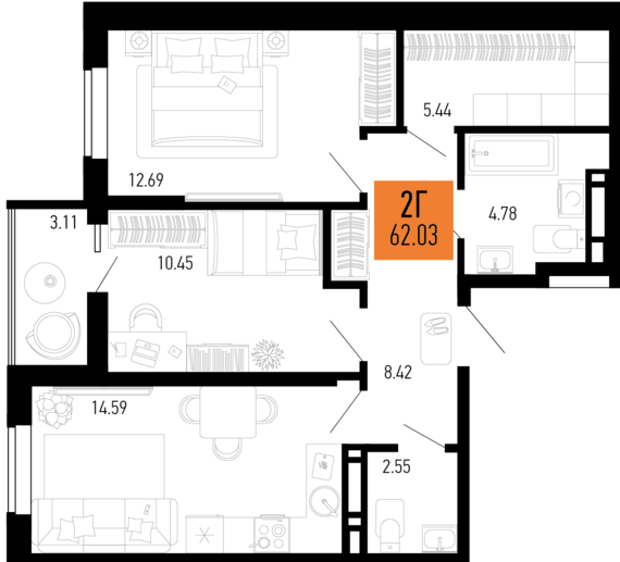 2-комнатная квартира №111 62,03 м2 от застройщика ГК ТОЧНО