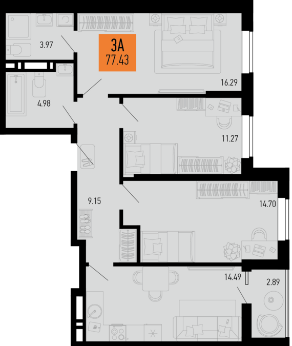 3-комнатная квартира №82 77,43 м2 от застройщика ГК ТОЧНО