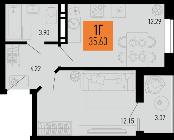 1-комнатная квартира №74 35,63 м2 от застройщика ГК ТОЧНО