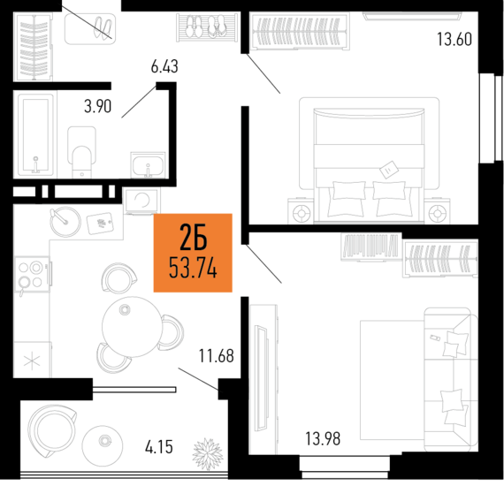 2-комнатная квартира №75 53,74 м2 от застройщика ГК ТОЧНО