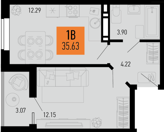 1-комнатная квартира №138 35,63 м2 от застройщика ГК ТОЧНО