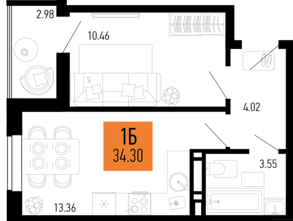 1-комнатная квартира №109 34,3 м2 от застройщика ГК ТОЧНО