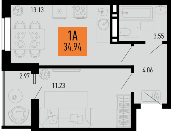 1-комнатная квартира №120 34,94 м2 от застройщика ГК ТОЧНО