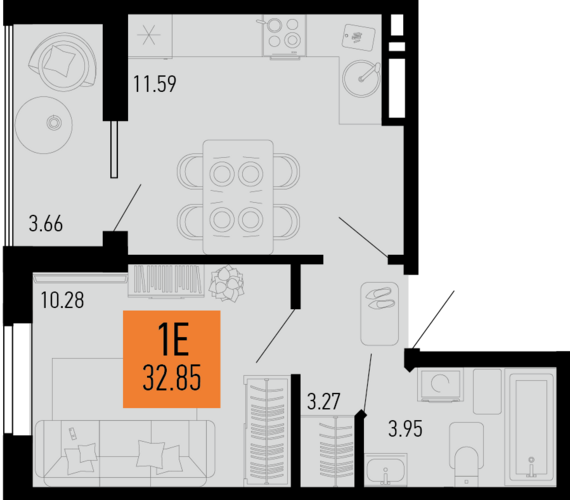 1-комнатная квартира №151 32,85 м2 от застройщика ГК ТОЧНО