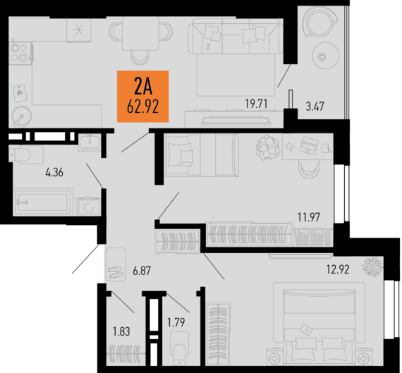 2-комнатная квартира №233 62,92 м2 от застройщика ГК ТОЧНО