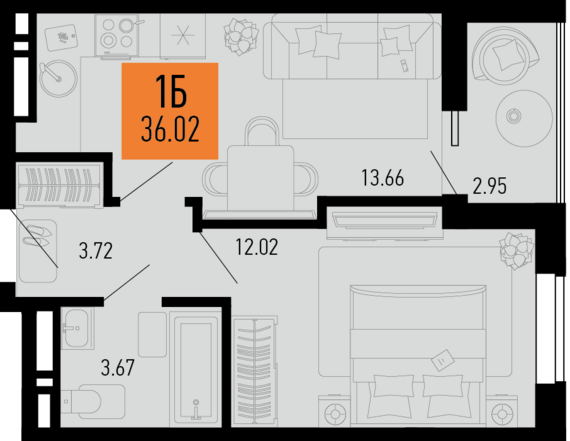 1-комнатная квартира №187 36,02 м2 от застройщика ГК ТОЧНО