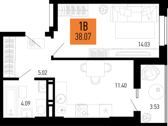 1-комнатная квартира №188 38,07 м2 от застройщика ГК ТОЧНО