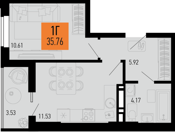 1-комнатная квартира №157 35,76 м2 от застройщика ГК ТОЧНО