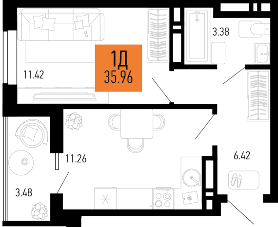 1-комнатная квартира №158 35,96 м2 от застройщика ГК ТОЧНО