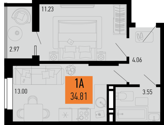 1-комнатная квартира №279 34,81 м2 от застройщика ГК ТОЧНО