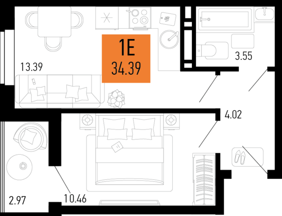 1-комнатная квартира №300 34,39 м2 от застройщика ГК ТОЧНО