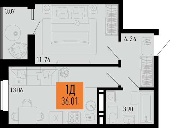 1-комнатная квартира №241 36,01 м2 от застройщика ГК ТОЧНО