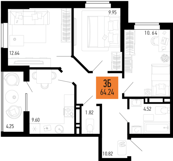 3-комнатная квартира №272 64,24 м2 от застройщика ГК ТОЧНО