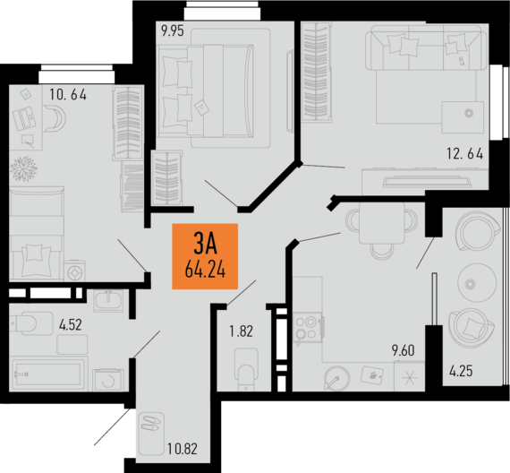 3-комнатная квартира №303 64,24 м2 от застройщика ГК ТОЧНО