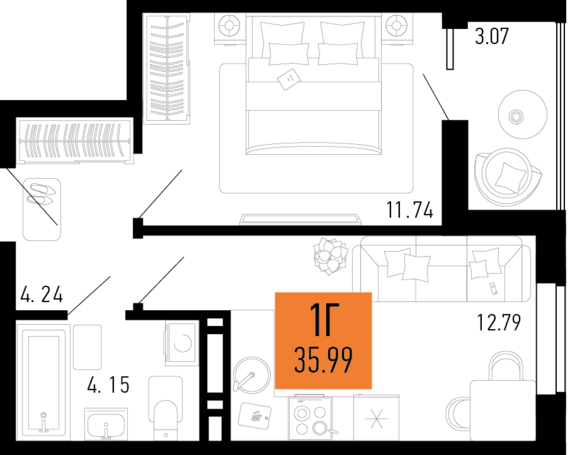 1-комнатная квартира №284 34,46 м2 от застройщика ГК ТОЧНО