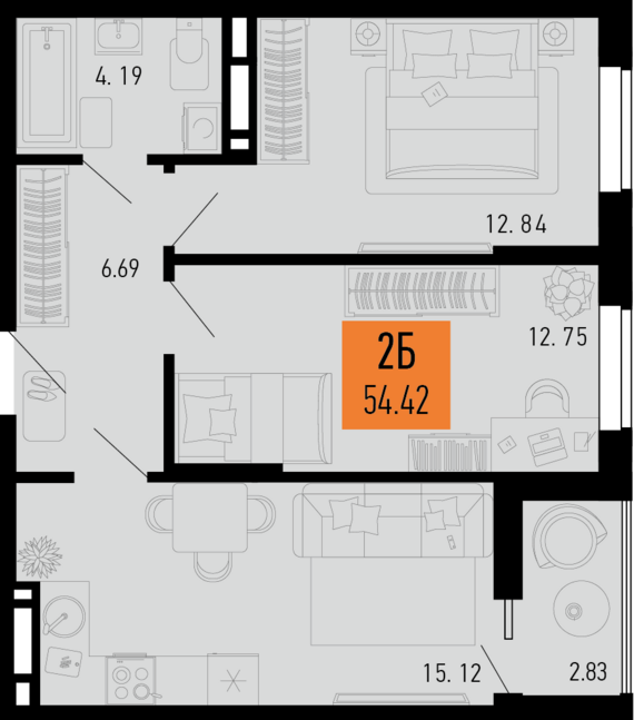2-комнатная квартира №285 54,42 м2 от застройщика ГК ТОЧНО