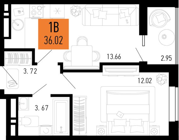 1-комнатная квартира №246 36,02 м2 от застройщика ГК ТОЧНО
