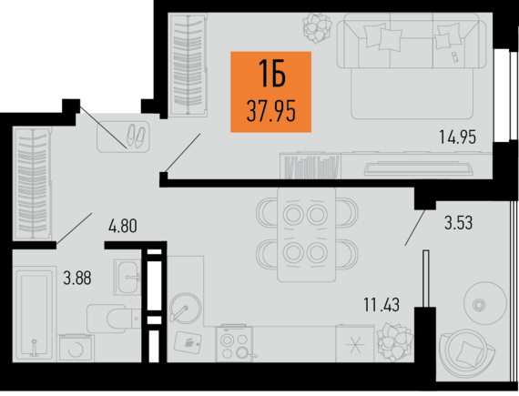 1-комнатная квартира №247 37,95 м2 от застройщика ГК ТОЧНО