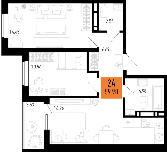 2-комнатная квартира №258 59,9 м2 от застройщика ГК ТОЧНО