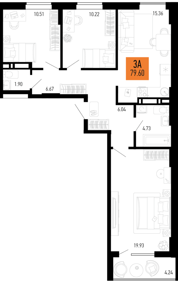 3-комнатная квартира №19 79,6 м2 от застройщика ГК ТОЧНО