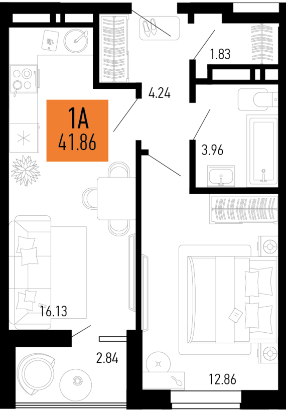 1-комнатная квартира №3 41,86 м2 от застройщика ГК ТОЧНО