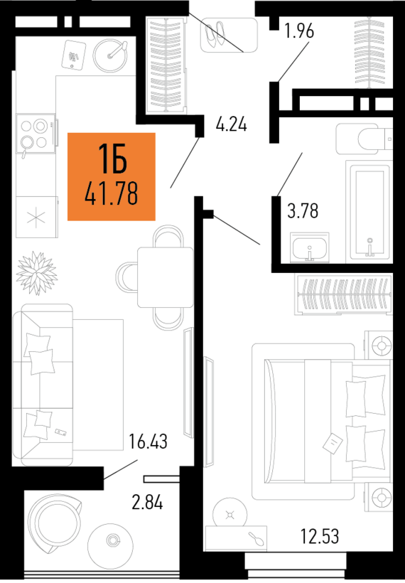 1-комнатная квартира №11 41,78 м2 от застройщика ГК ТОЧНО