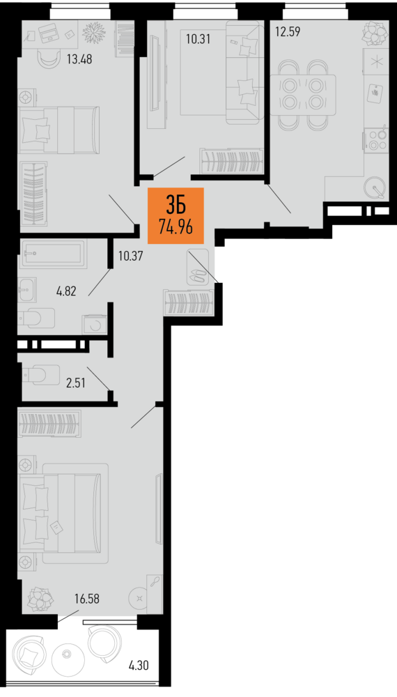 3-комнатная квартира №30 74,96 м2 от застройщика ГК ТОЧНО