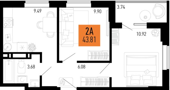 2-комнатная квартира №31 43,81 м2 от застройщика ГК ТОЧНО