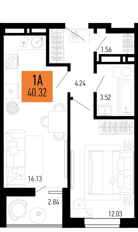 1-комнатная квартира №39 40,32 м2 от застройщика ГК ТОЧНО