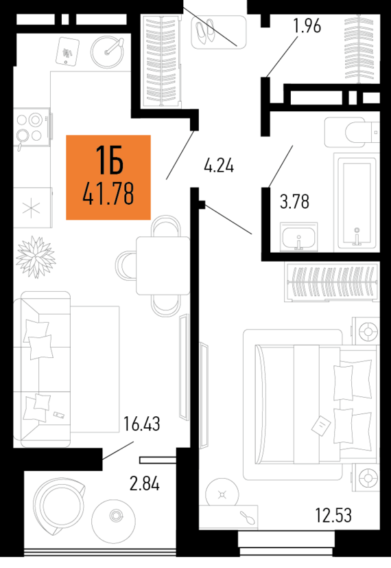 1-комнатная квартира №5 41,78 м2 от застройщика ГК ТОЧНО