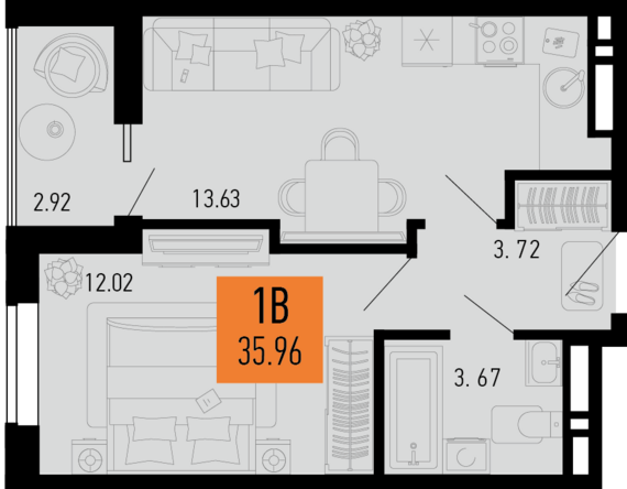 1-комнатная квартира №3 35,96 м2 от застройщика ГК ТОЧНО