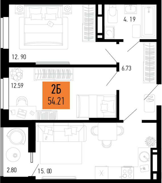 2-комнатная квартира №4 54,21 м2 от застройщика ГК ТОЧНО