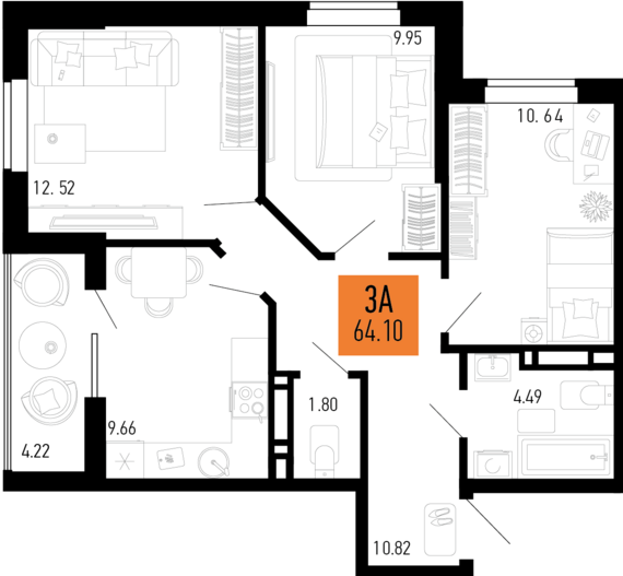 3-комнатная квартира №36 64,1 м2 от застройщика ГК ТОЧНО