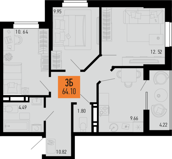 3-комнатная квартира №37 64,1 м2 от застройщика ГК ТОЧНО