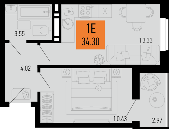 1-комнатная квартира №9 34,3 м2 от застройщика ГК ТОЧНО