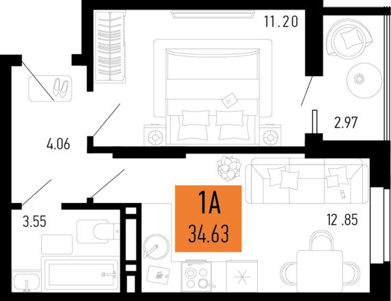 1-комнатная квартира №40 34,63 м2 от застройщика ГК ТОЧНО