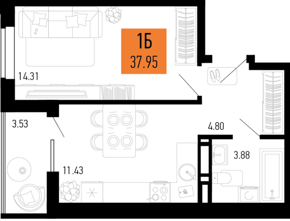 1-комнатная квартира №42 37,95 м2 от застройщика ГК ТОЧНО