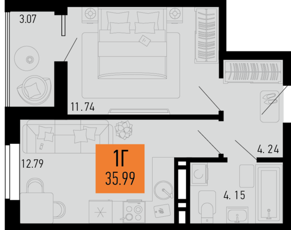 1-комнатная квартира №95 35,99 м2 от застройщика ГК ТОЧНО