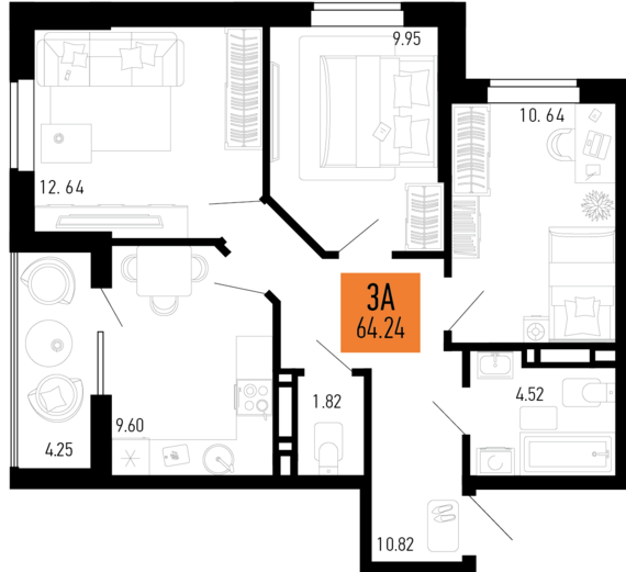 3-комнатная квартира №86 64,24 м2 от застройщика ГК ТОЧНО