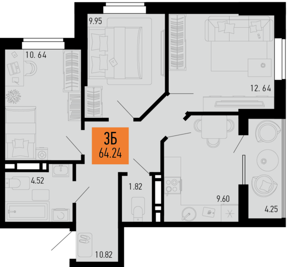 3-комнатная квартира №127 64,24 м2 от застройщика ГК ТОЧНО