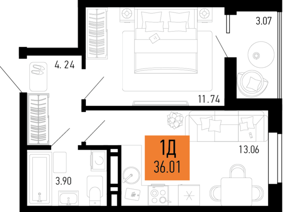 1-комнатная квартира №108 36,01 м2 от застройщика ГК ТОЧНО