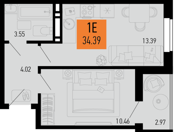 1-комнатная квартира №109 34,39 м2 от застройщика ГК ТОЧНО