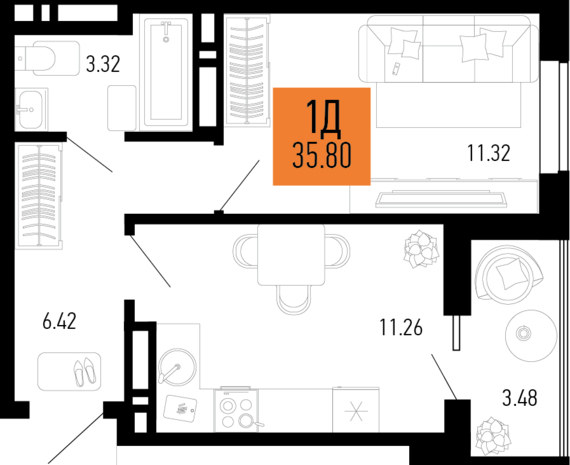 1-комнатная квартира №151 35,8 м2 от застройщика ГК ТОЧНО