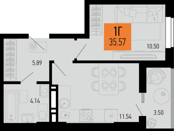 1-комнатная квартира №168 35,57 м2 от застройщика ГК ТОЧНО