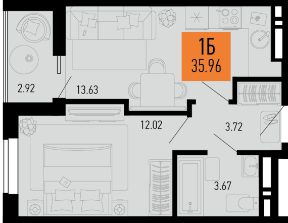 1-комнатная квартира №154 35,96 м2 от застройщика ГК ТОЧНО