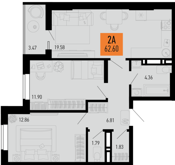 2-комнатная квартира №164 62,6 м2 от застройщика ГК ТОЧНО