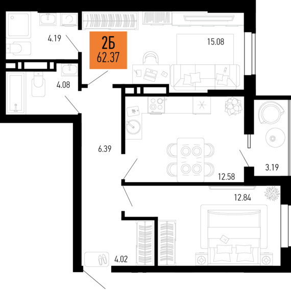 2-комнатная квартира №157 62,37 м2 от застройщика ГК ТОЧНО